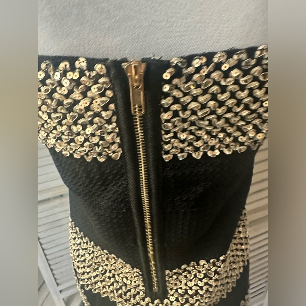 NEW•VENUS•XL• SHIMMER ON GORGEOUS BLACK & GOLD GLAM STRAPLESS BODY CON - Picture 4 of 16